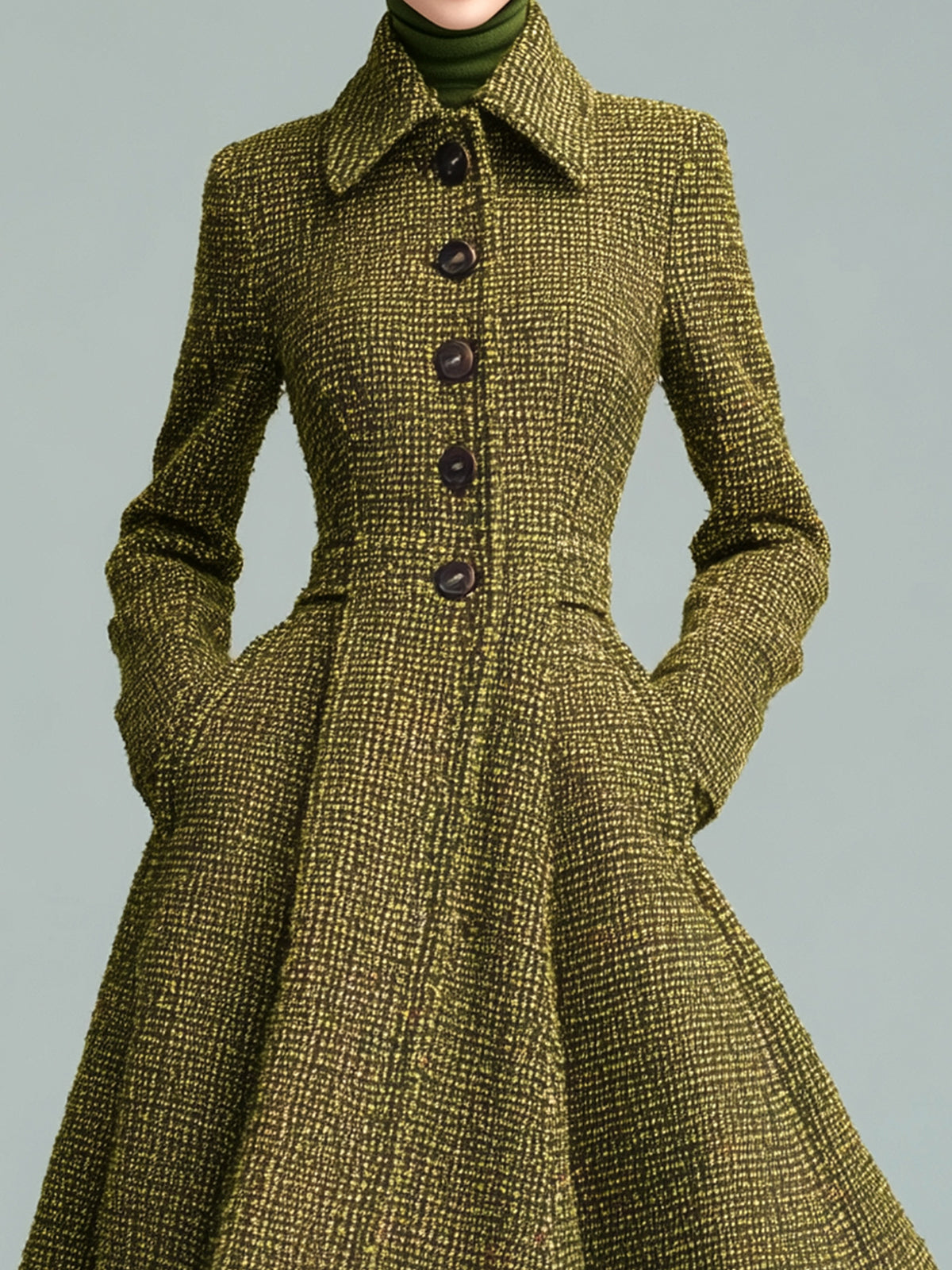 ElevenOraVintage Elegant Green Tweed Lapel Single-breasted Flared Hem Long Coat