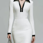 ElevenOra Casual Office Pleated Cotton Blend Contrast Collar Half-Zip Front Tailored Long Sleeve Mini Dress