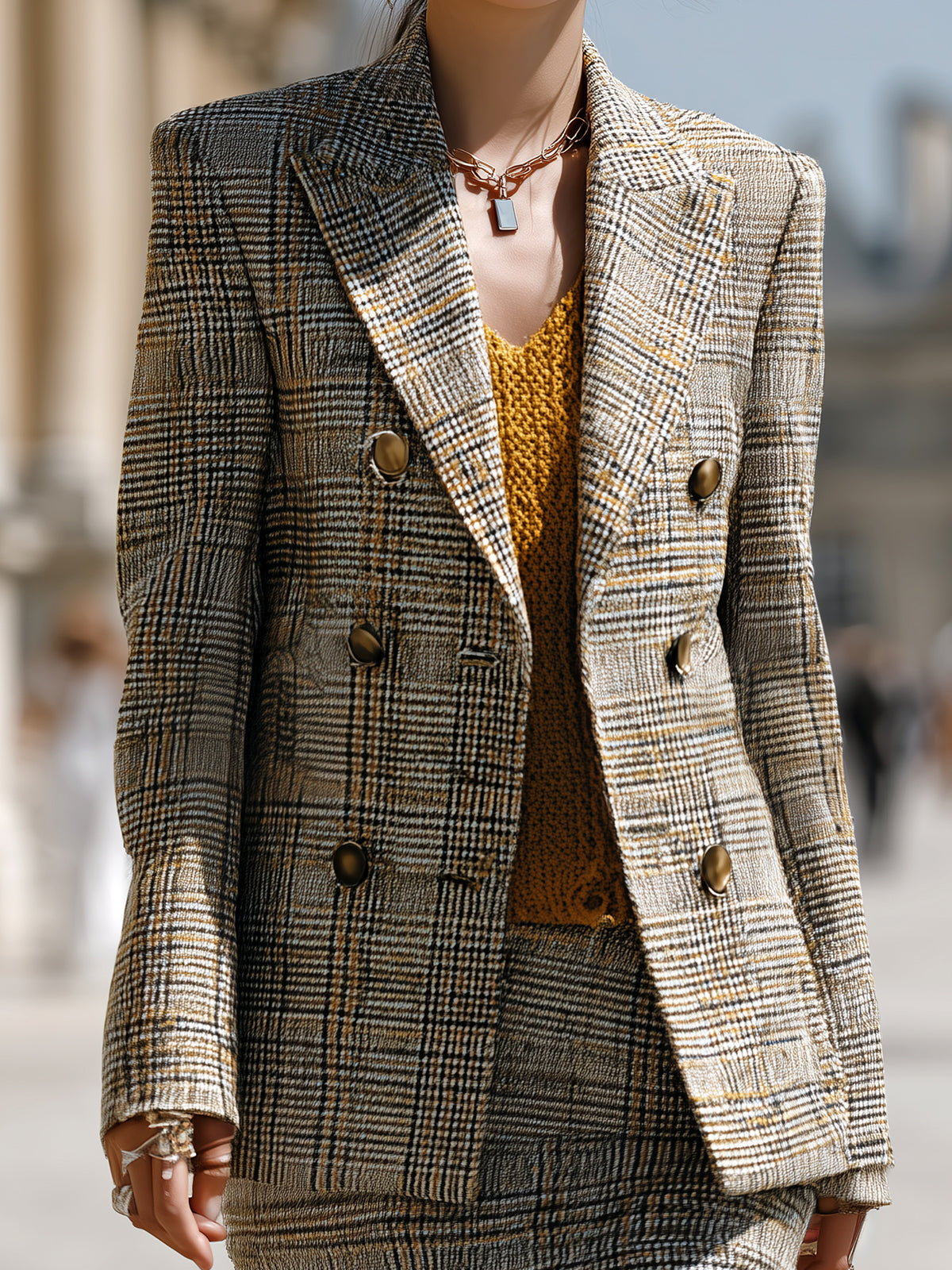 ElevenOra Chic Vintage Contrast Check Peak Lapel Double-breasted Slim-fit Blazer