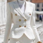 ElevenOra Vintage Elegant Cream White Tweed Peaked Lapel Double-Breasted Tailored Blazer