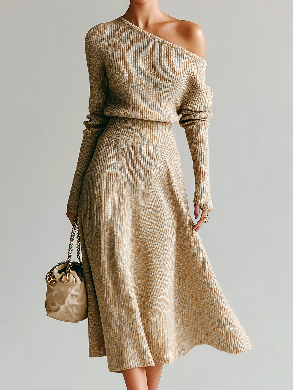 ElevenOra Chic Elegant One-Shoulder Long Sleeve Sweater A-Line Midi Skirt Knit Two-Piece Set