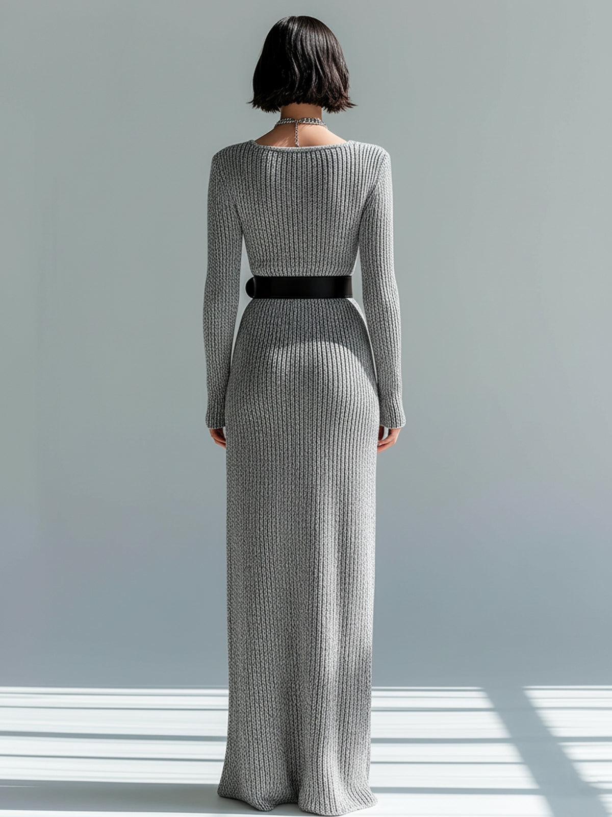 ElevenOra Retro Elegant Heathered Gray Square Neck Belted Long-Sleeve Ribbed Knit Bodycon Maxi Dress