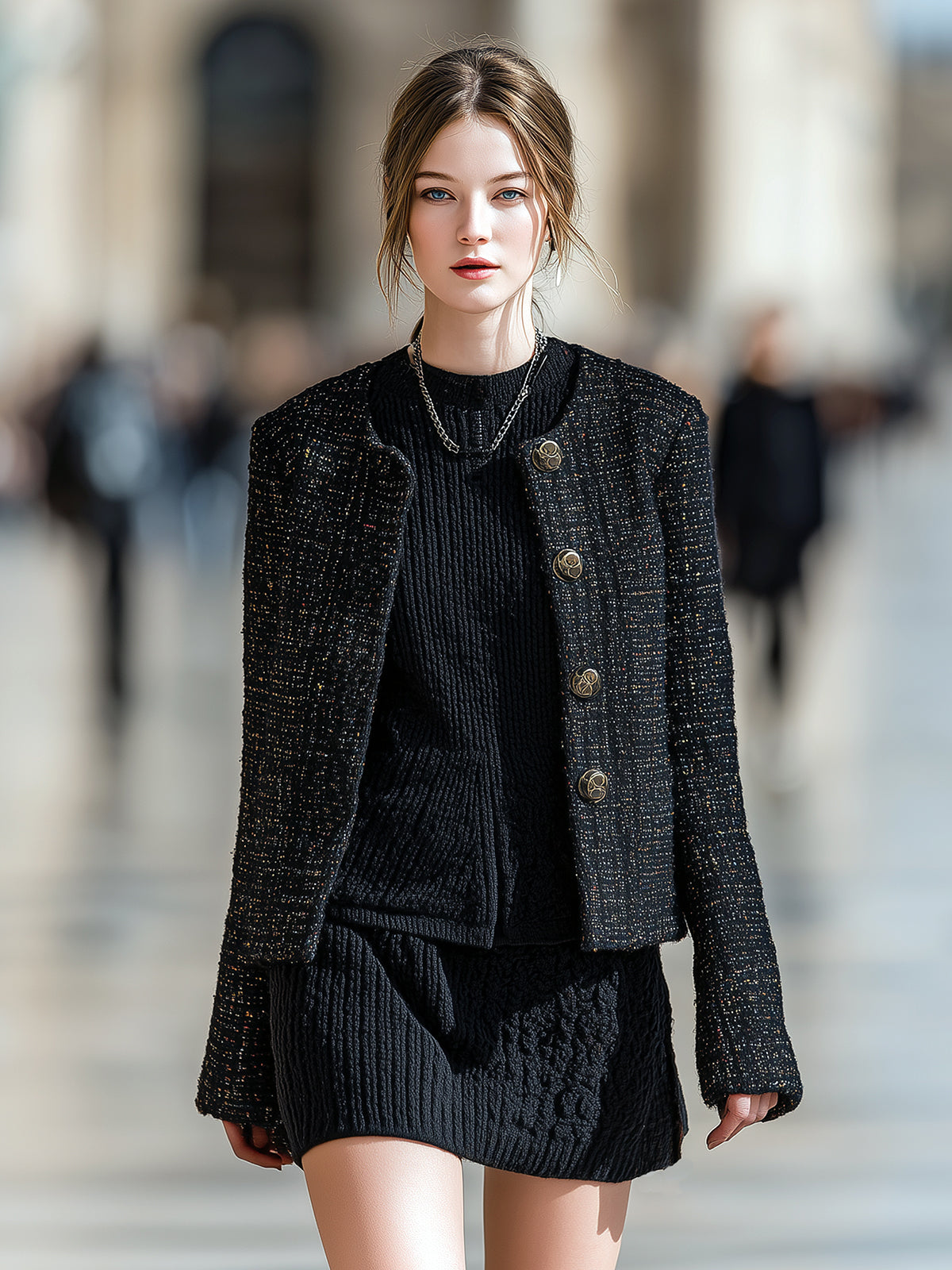 ElevenOra Vintage Elegant Black Tweed Round Neck Metal Button Single-Breasted Cropped Jacket