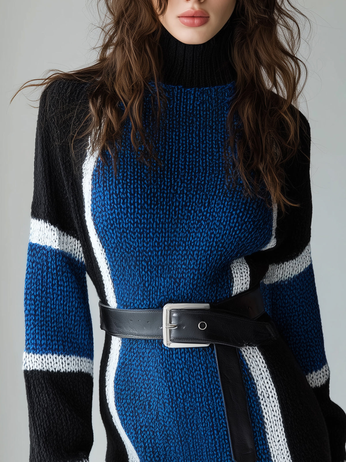 ElevenOra Stylish Colorblock Panels Turtle Neck Belted Long Sleeve A-Line Knit Mini Dress