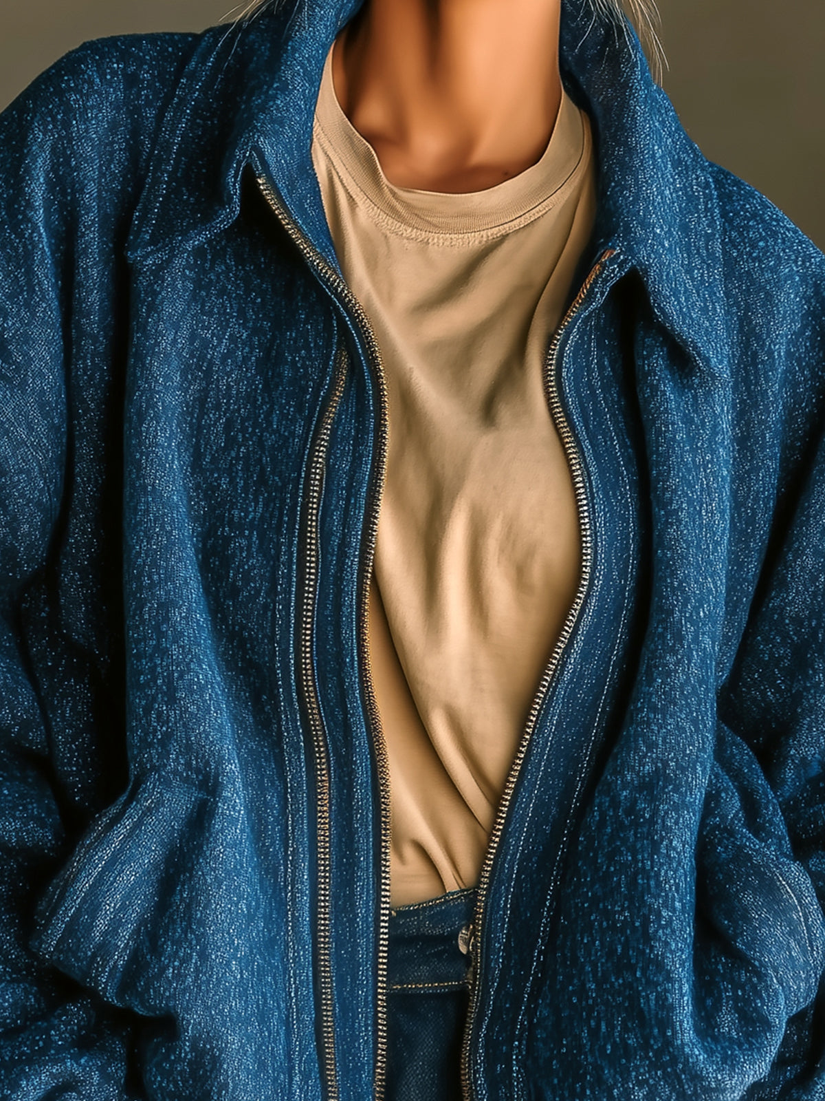 ElevenOra Casual Chic Dark Blue Wool Blend Lapel Zip-Front Oversized Bomber Jacket
