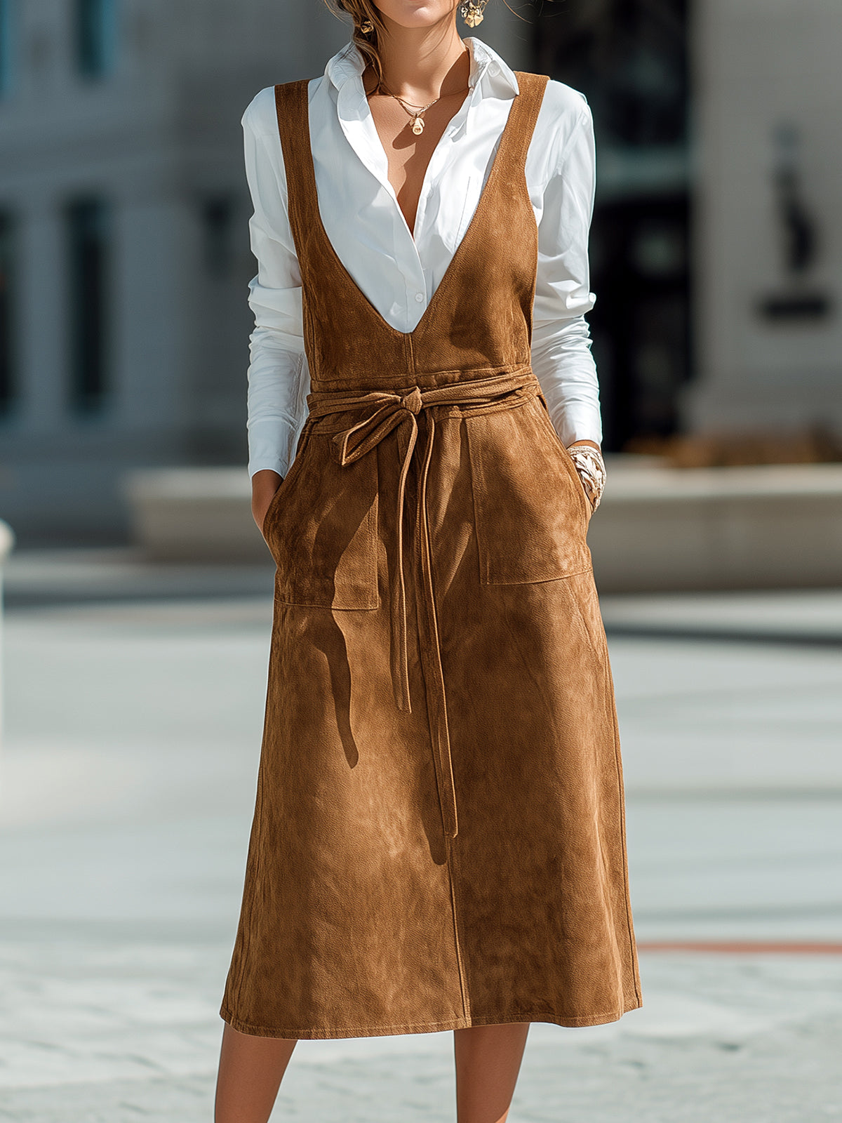 ElevenOra Chic Casual Khaki Faux Suede Deep V-Neck Belted Patch Pocket A-Line Pinafore Midi Dress