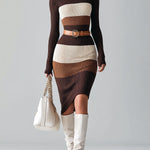 ElevenOra Chic Elegant Colorblock Turtle Neck Belted Long Sleeve Bodycon Knit Midi Dress