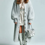 ElevenOra Casual Chic Light Gray Fuzzy Extra-Long Single-breasted Puff Sleeve Knit Cardigan