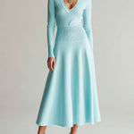 ElevenOra Chic Elegant Baby Blue V-Neck Tailored Waist Long Sleeve Ribbed Knit Maxi Dress