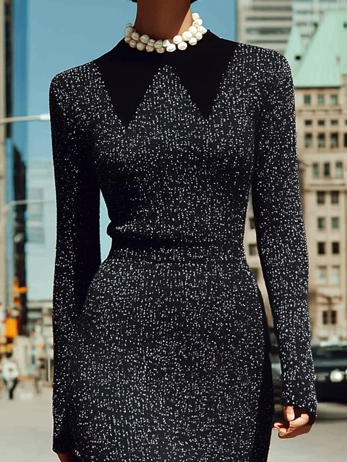 ElevenOra Fashion Round Neck Contrast Faux Collar Long Sleeve Slim Knit Bodycon Midi Dress