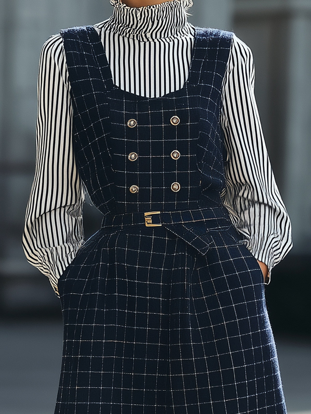 ElevenOra Chic Vintage Navy Blue Plaid Wool Blend Double-Breasted Belted A-Line Maxi Pinafore Dress