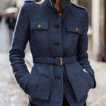 ElevenOra Chic Vintage Twill Wool Blend Stand Collar Single-Breasted Multi-Pocket Belted Safari Jacket