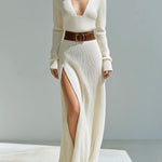 ElevenOra Chic Elegant Cream Deep V-Neck Belted Long Sleeve High Slit Knitted Maxi Dress