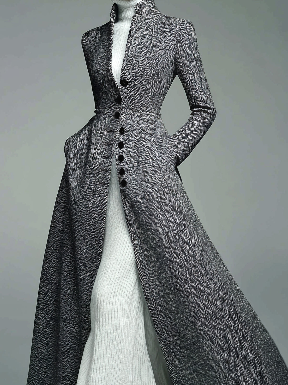 ElevenOra Vintage Elegant Herringbone Wool Blend Stand Collar Single-Breasted Tailored Waist Long Coat