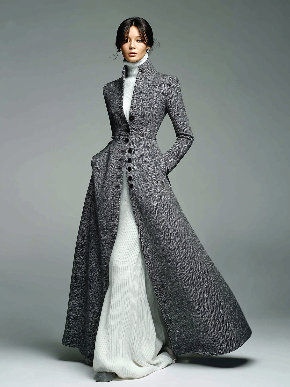 ElevenOra Vintage Elegant Herringbone Wool Blend Stand Collar Single-Breasted Tailored Waist Long Coat