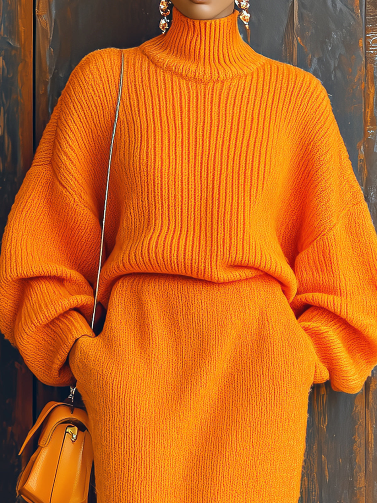 ElevenOra Chic Elegant Orange Turtle Neck Oversized Long Sleeve Sweater Bodycon Side Slit Midi Skirt Knit Two-Piece Set