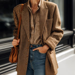ElevenOra Casual Chic Brown Herringbone Wool Blend Notch Lapel Single-Breasted Oversized Blazer