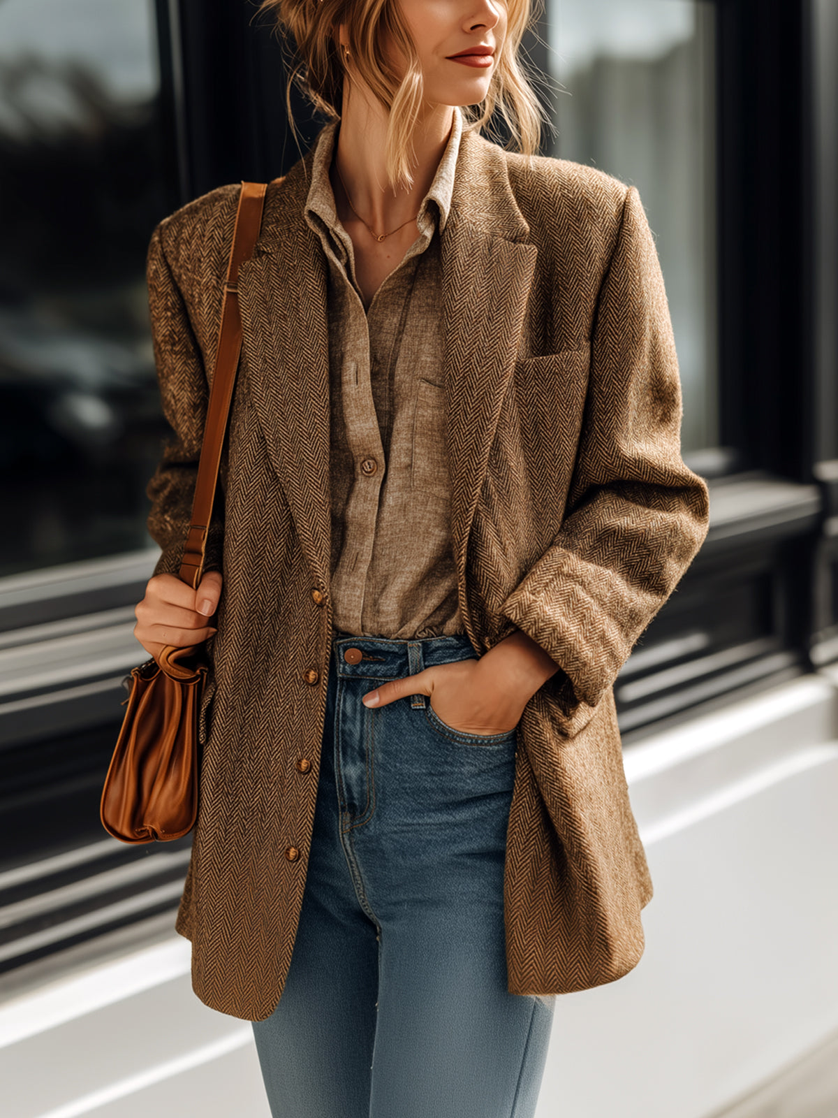ElevenOra Casual Chic Brown Herringbone Wool Blend Notch Lapel Single-Breasted Oversized Blazer