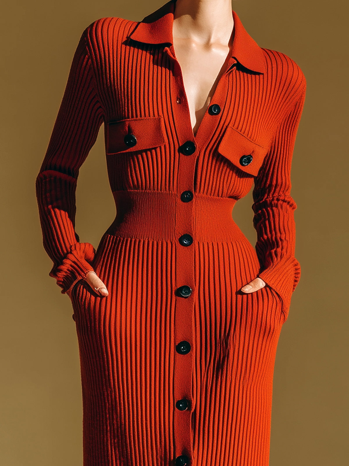 ElevenOra Stylish Solid Color Lapel Single-breasted Slim Fit Knit Maxi Dress