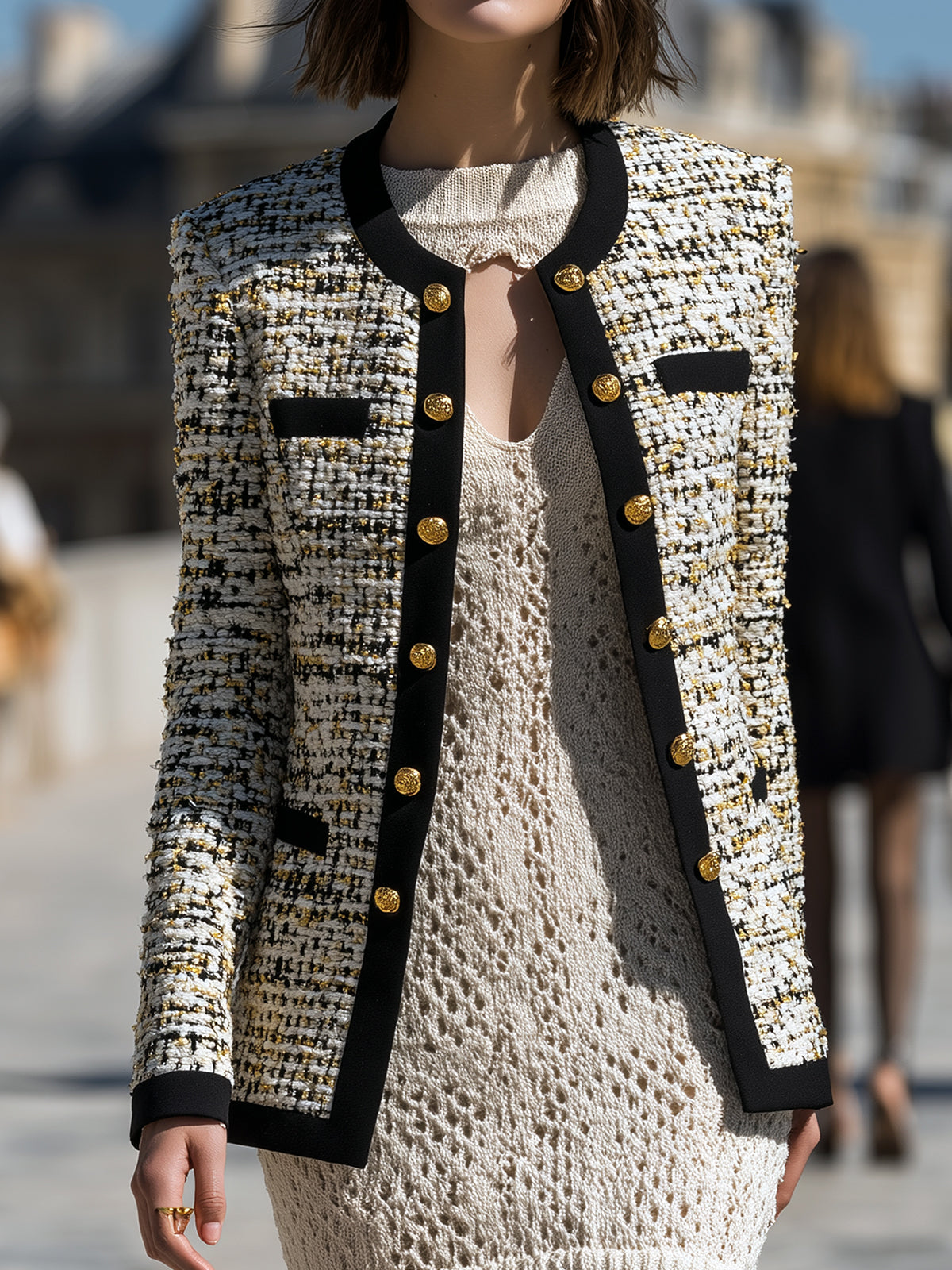ElevenOra Vintage Elegant Tweed Round-neck Contrast Trim Metal Button Details Slim-fit Jacket