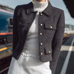 ElevenOra Chic Vintage Tweed Lapel Metallic Buttons Single-Breasted Flap Pockets Cropped Jacket