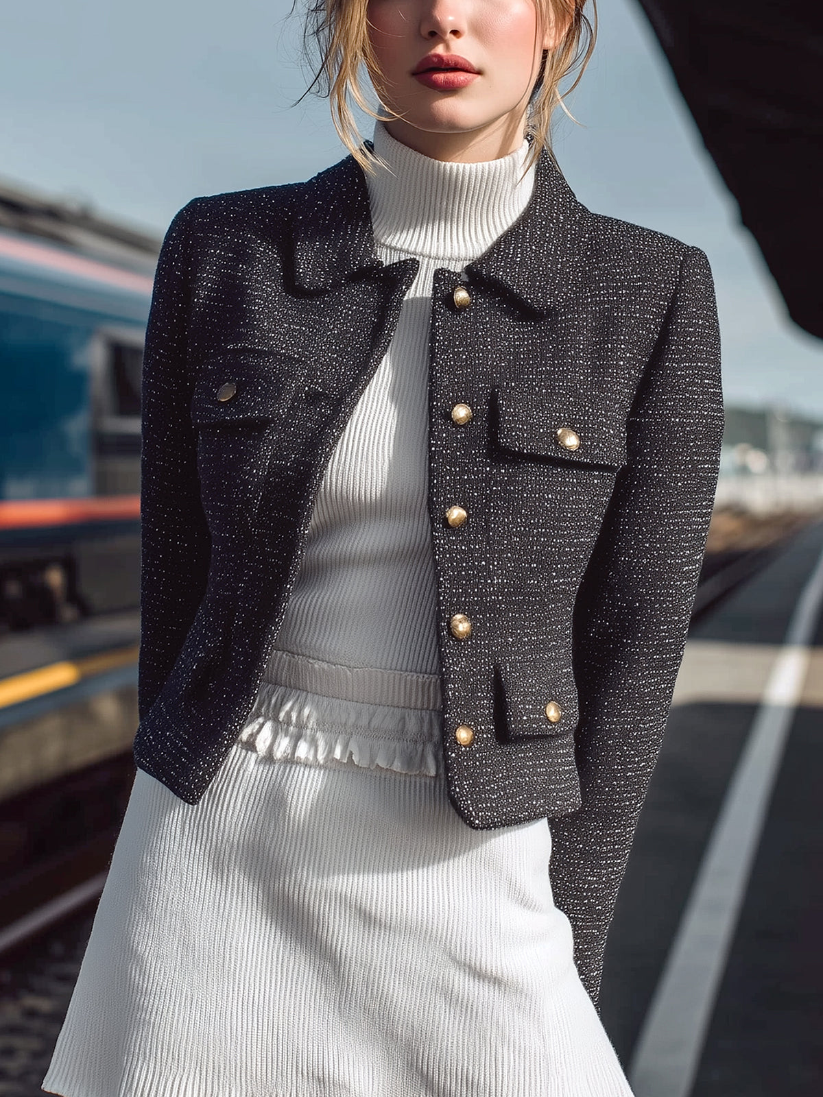 ElevenOra Chic Vintage Tweed Lapel Metallic Buttons Single-Breasted Flap Pockets Cropped Jacket