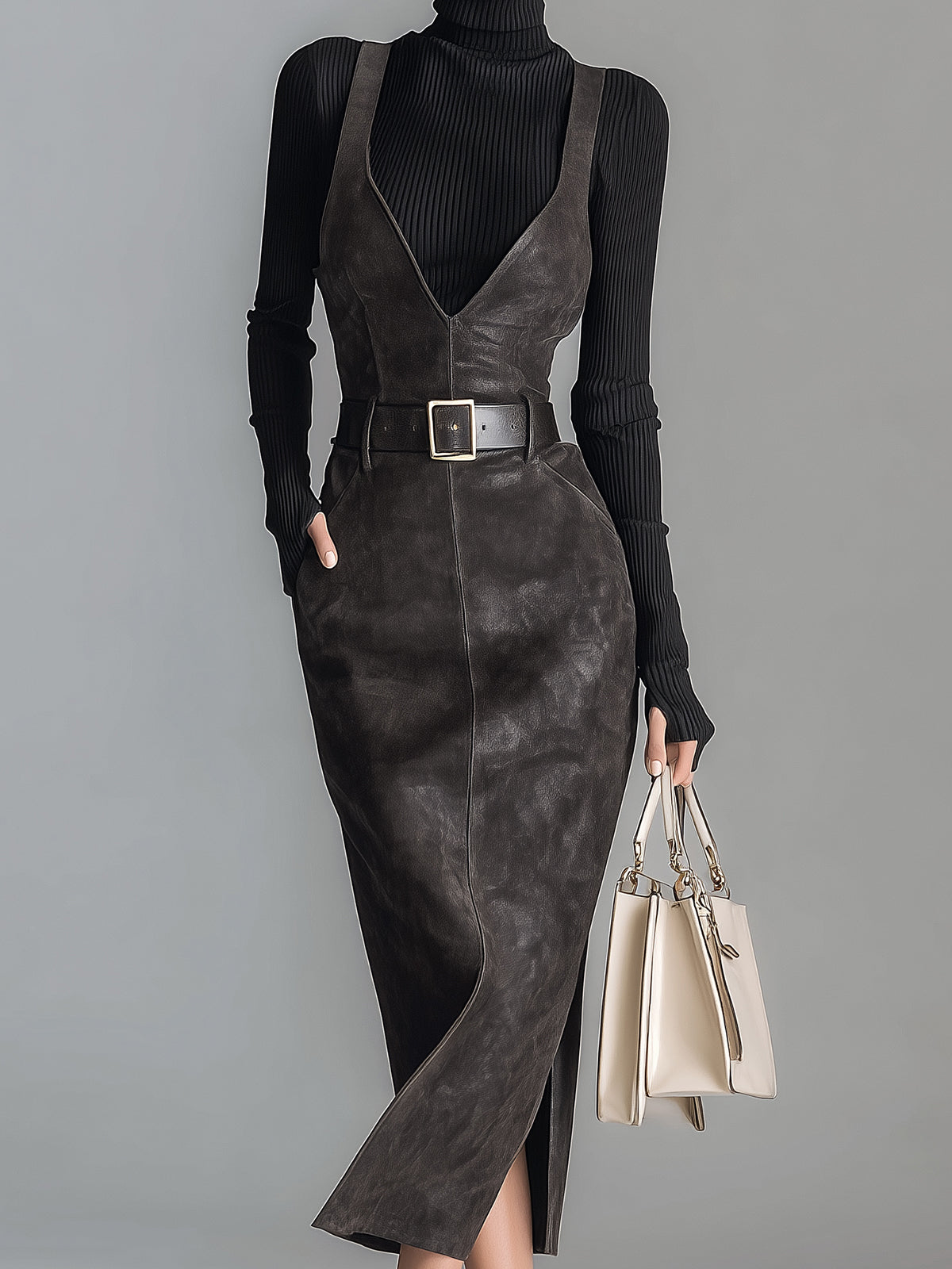 ElevenOra Chic Elegant Dark Gray Faux Suede Deep V-Neck Tailored Waist Belted Side Slit Pinafore Maxi Dress