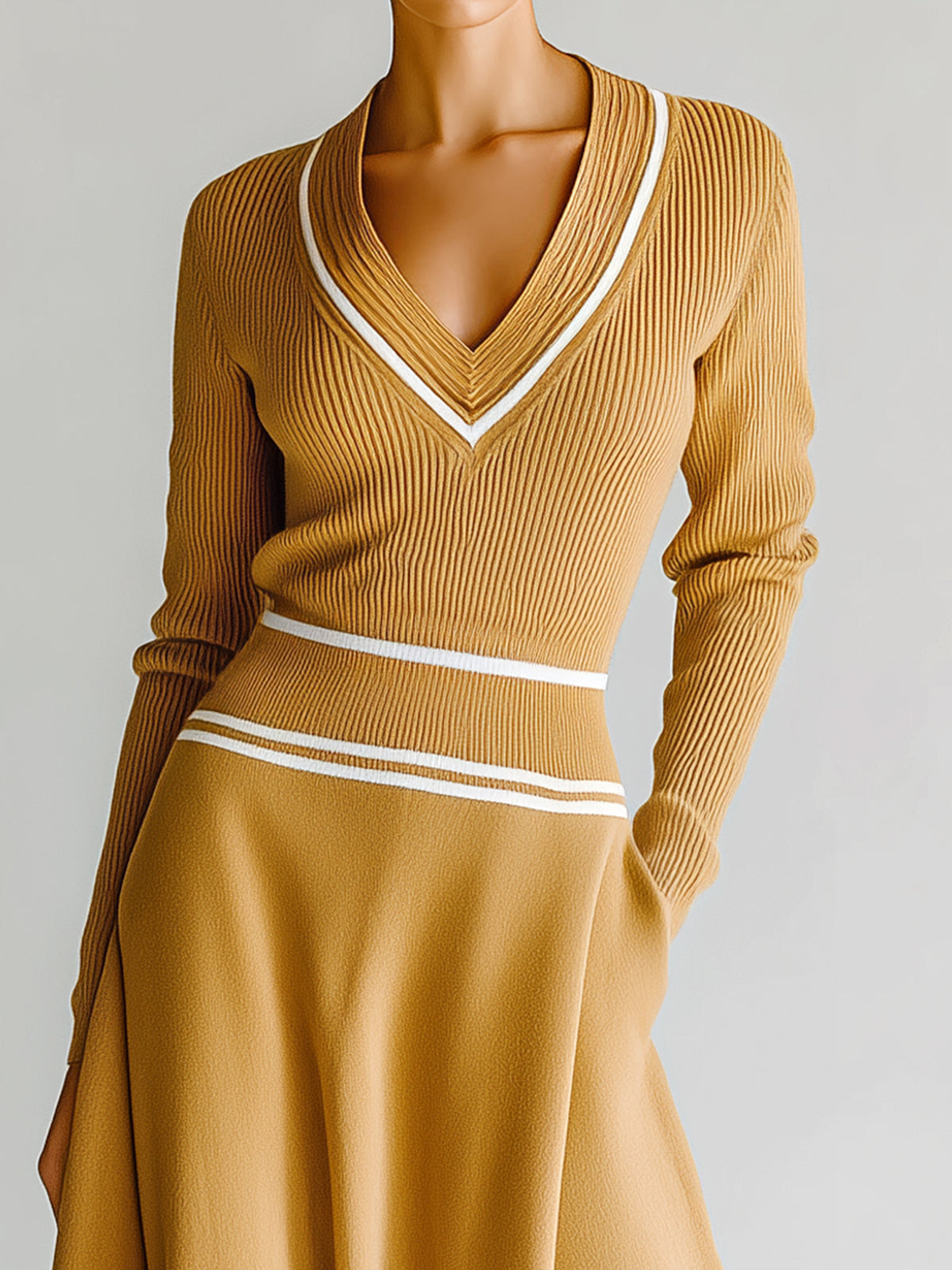 ElevenOra Chic Vintage Contrast Stripes V-Neck Slim-Fit Long-sleeve Sweater Elastic Waist A-Line Skirt Knit Two-piece Set
