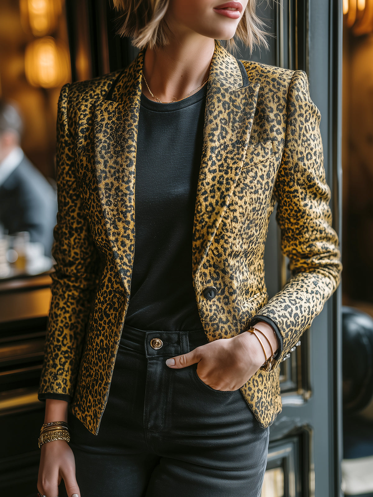ElevenOra Casual Vintage Leopard Print Peaked Collar Single-Breasted Contrast Trim Tailored Waist Blazer
