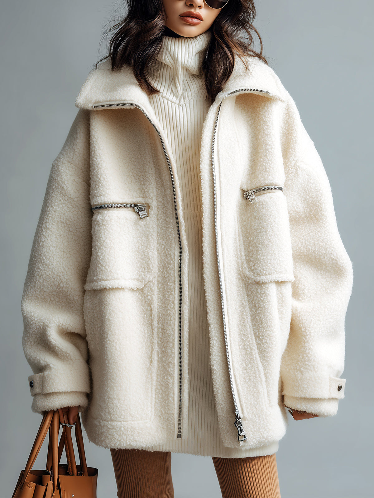 ElevenOra casual Faux Lambswool Lapel Zipper Front Multi-pocket Oversized Warm Coat