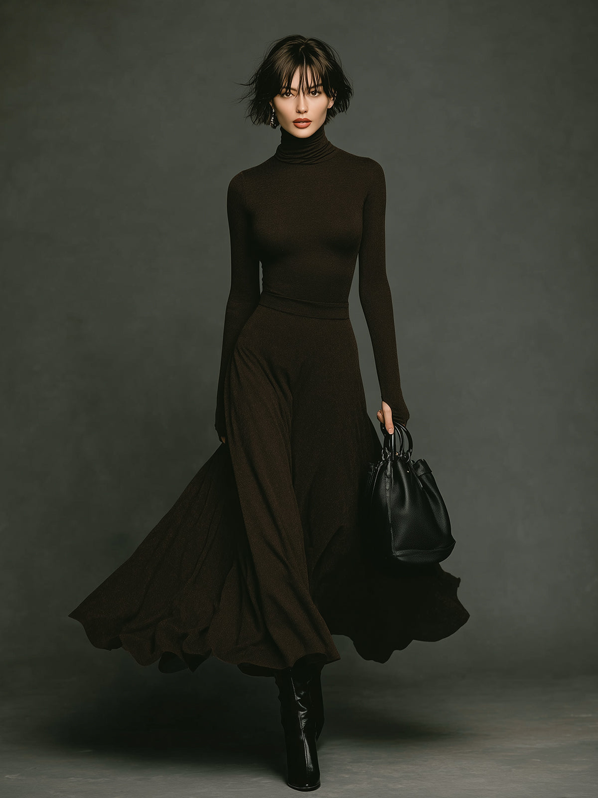 ElevenOra Elegant Turtleneck Long Sleeve Fitted Knit Sweater With Flowy Maxi Skirt Two-Piece Set