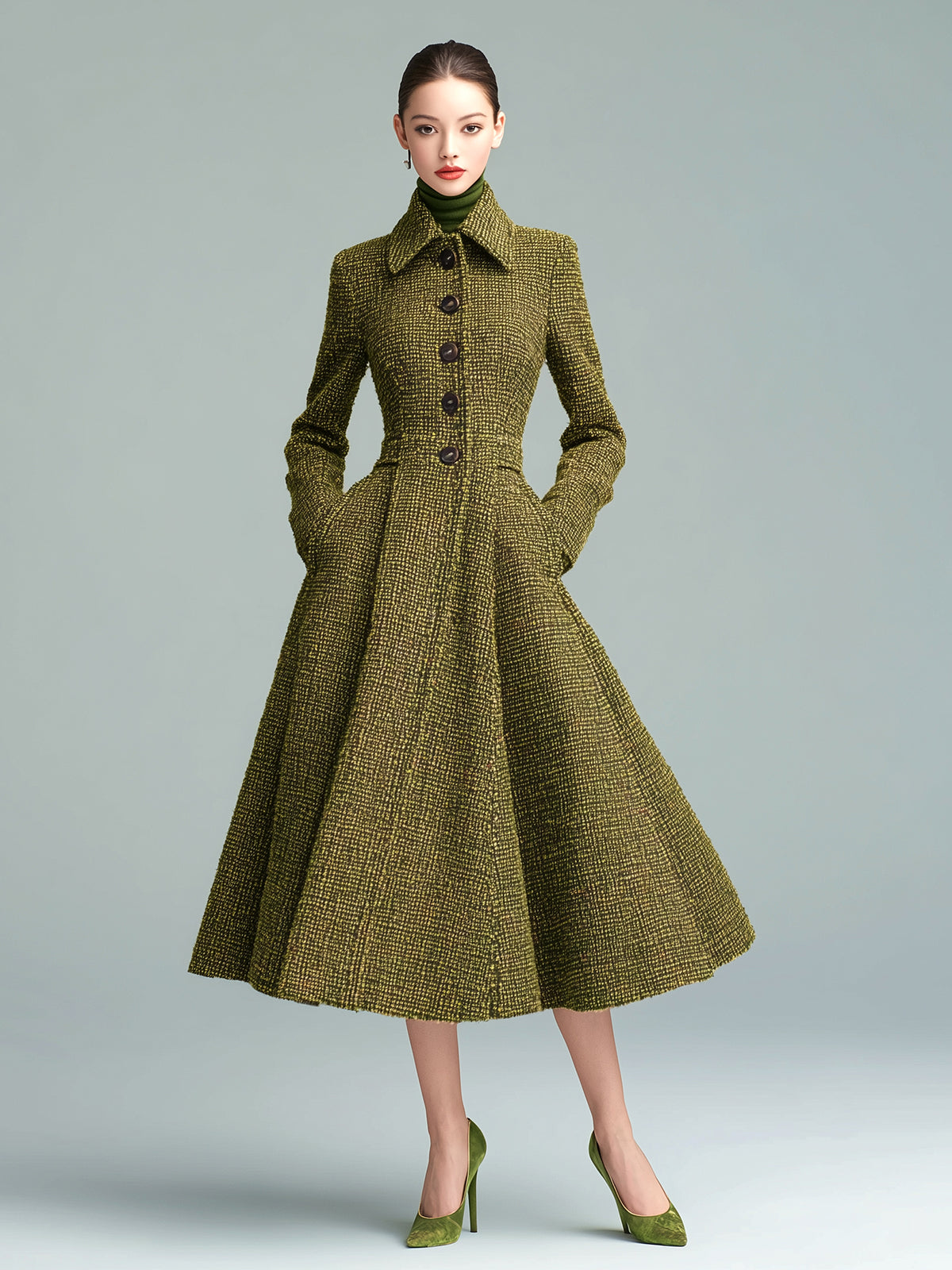 ElevenOraVintage Elegant Green Tweed Lapel Single-breasted Flared Hem Long Coat