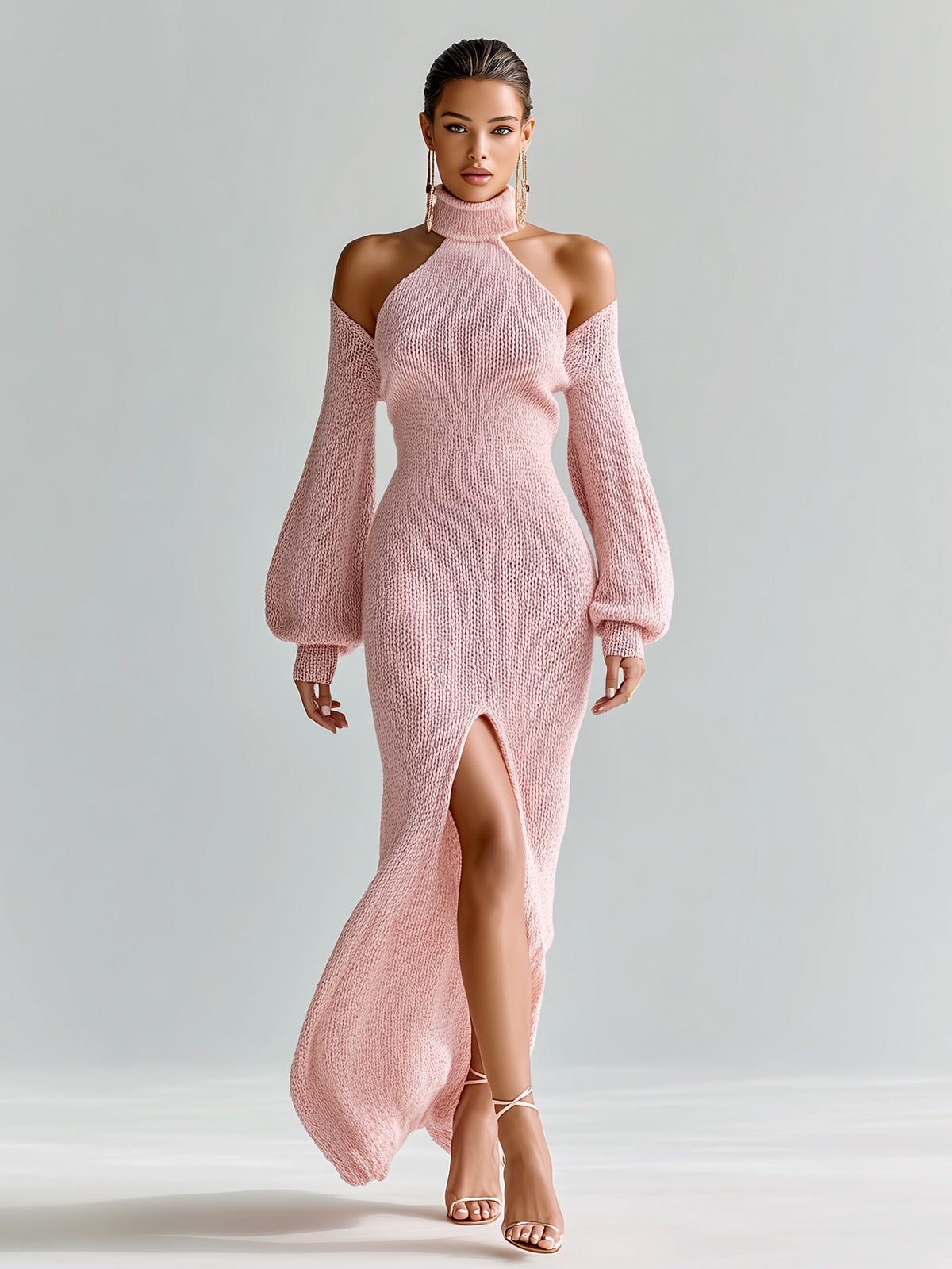 ElevenOra Chic Elegant Off-Shoulder Turtleneck Long Balloon Sleeve High Slit Knitted Maxi Dress