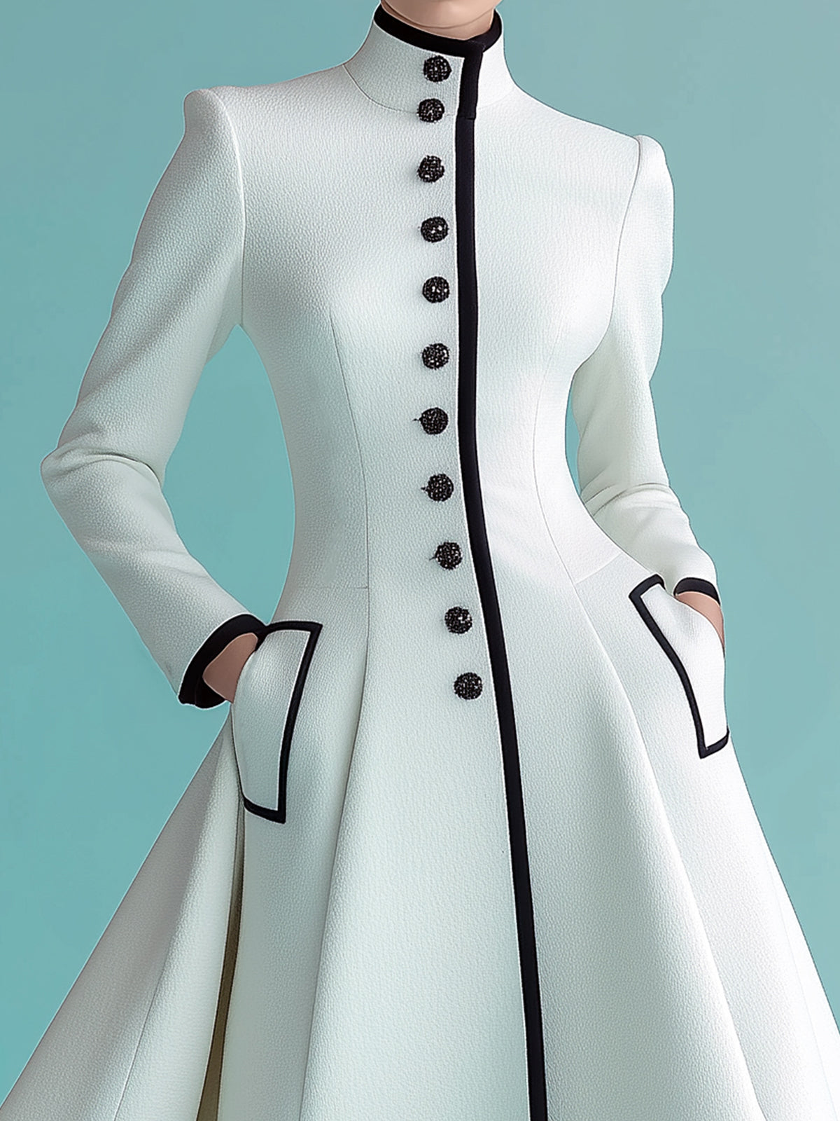 ElevenOra Vintage Elegant Wool Blend Stand Collar Single-breasted Tailored Waist Mid-Length Dress Coat