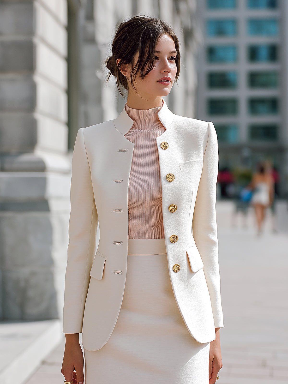 ElevenOra Chic Elegant Ivory Wool-blend Stand-collar Single-breasted Slim-fit Blazer
