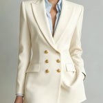 ElevenOra Chic Vintage Cotton-blend Peak Lapel Metal Buttons Double-breasted Slim-fit Blazer