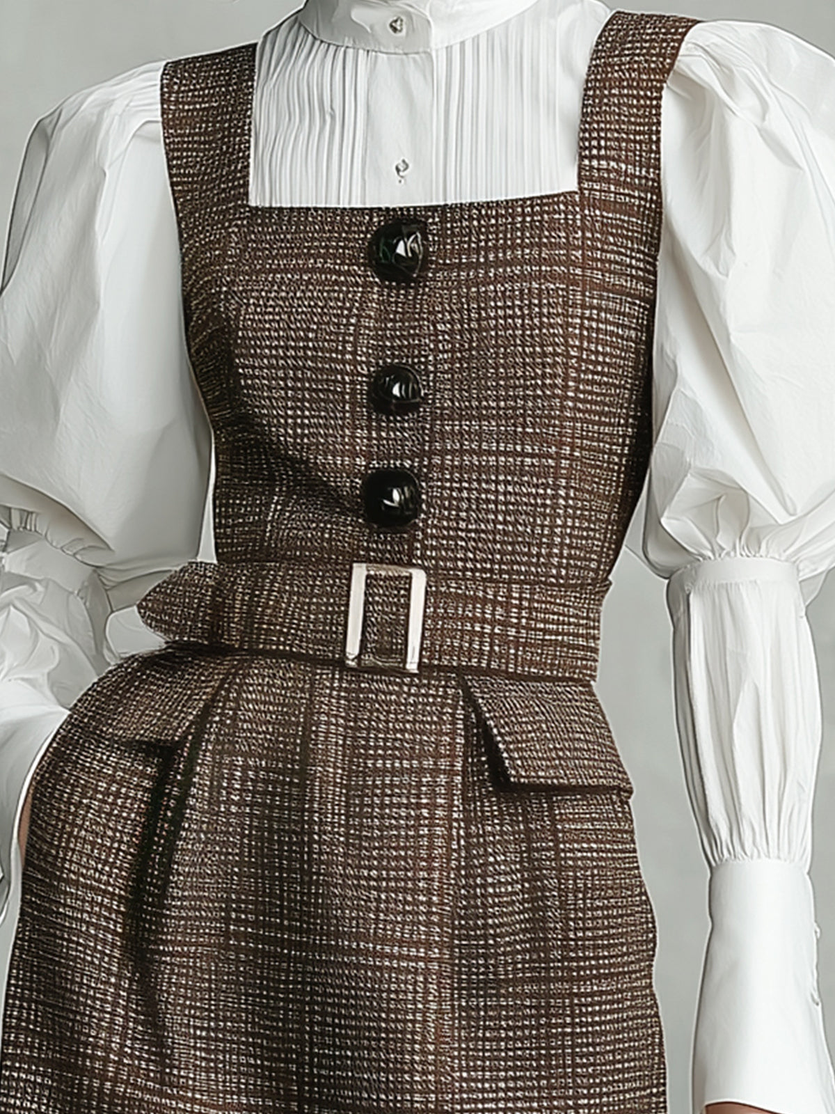 ElevenOra Chic Vintage Check Wool Blend Button-Front Belted Pocket Slim-Fit Pinafore Maxi Dress
