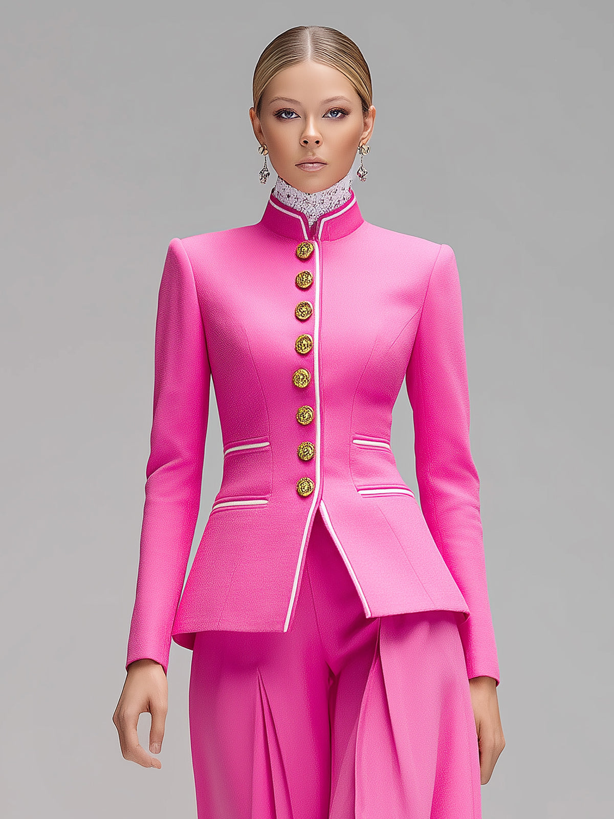 ElevenOra Vintage Elegant Stand Collar Single-Breasted Contrast Trim Tailored Waist Blazer