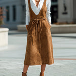 ElevenOra Chic Casual Khaki Faux Suede Deep V-Neck Belted Patch Pocket A-Line Pinafore Midi Dress