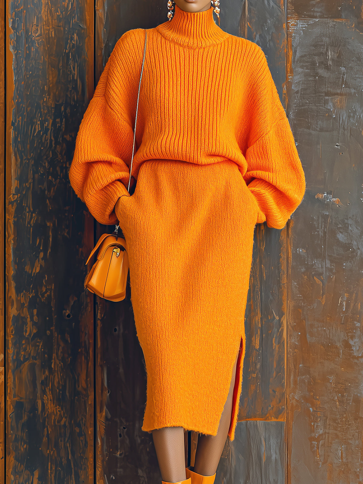 ElevenOra Chic Elegant Orange Turtle Neck Oversized Long Sleeve Sweater Bodycon Side Slit Midi Skirt Knit Two-Piece Set