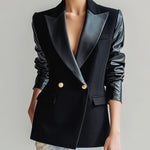 ElevenOra Chic Vintage Wool Blend PU Patchwork Peak Lapel Double-breasted Slim-fit Blazer