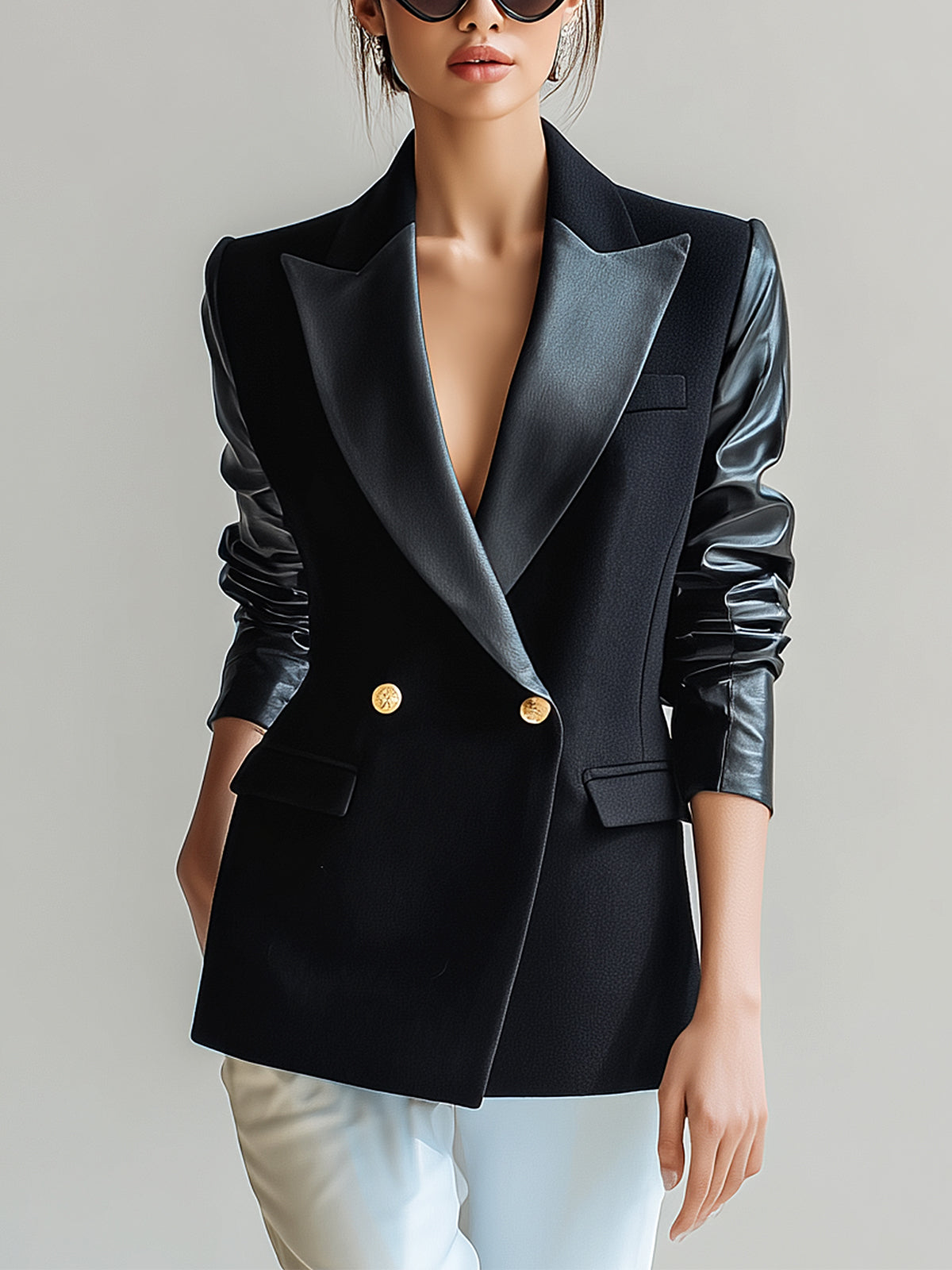 ElevenOra Chic Vintage Wool Blend PU Patchwork Peak Lapel Double-breasted Slim-fit Blazer