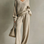 ElevenOra Chic Cozy V-neck Oversized Long-sleeved Sweater Wide-leg Pants Ribbed Knit Two-piece Set