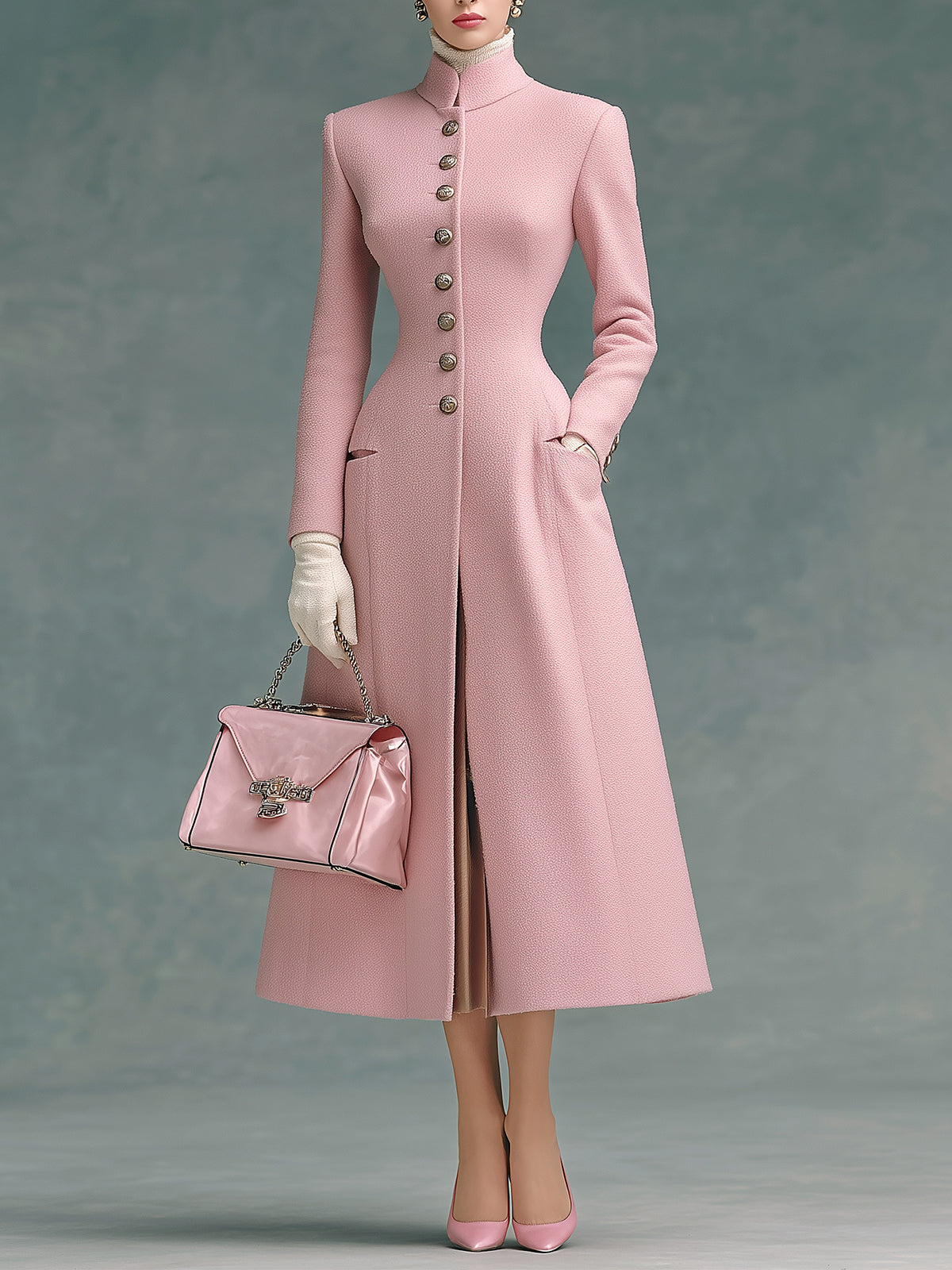 ElevenOra Elegant Vintage Wool Blend Stand Collar Single-Breasted Tailored Waist Long Coat