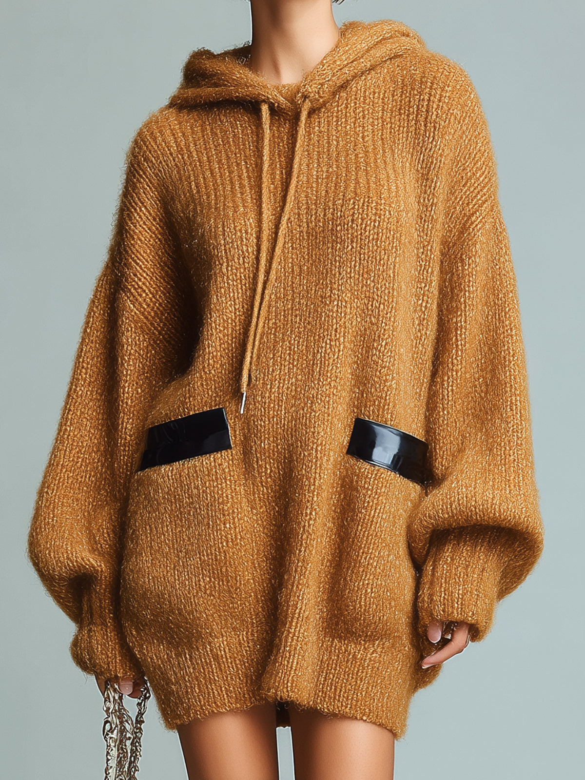 ElevenOra Casual Caramel Oversize Hooded PU Pocket Details Knit Sweater Mini Dress