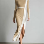 ElevenOra casual Office Colorblock Cotton Blend Round Neck Slim Slit Long Sleeve Maxi Dress