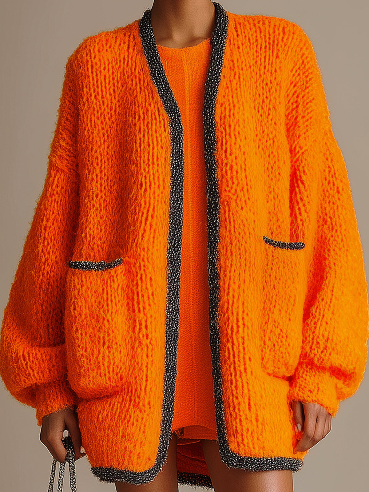 ElevenOra Chic Casual Orange Contrast Trim Patch Pockets Oversized Mid-Length Knit Cardigan