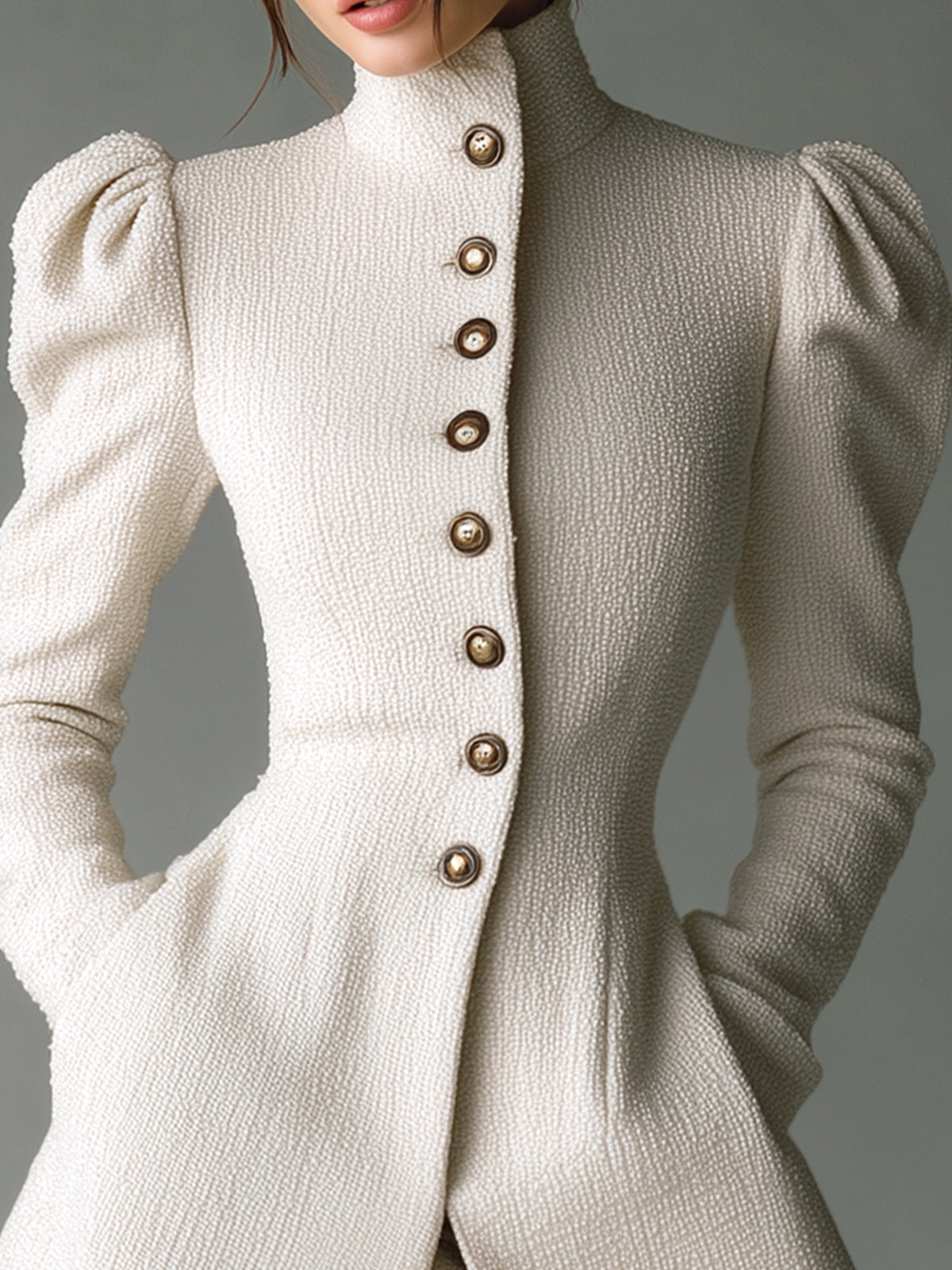 ElevenOra Vintage White Textured Tweed Stand Collar Single-Breasted Puff Sleeve Tailored Flared Mini Coat