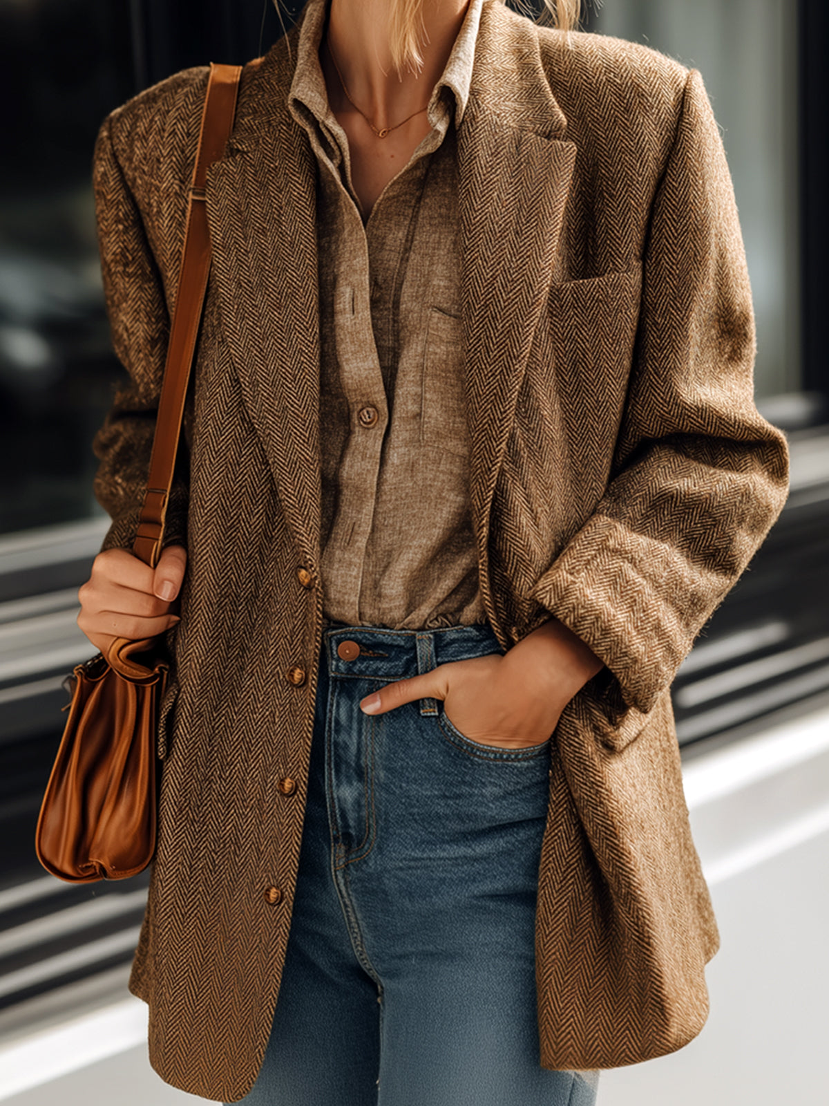 ElevenOra Casual Chic Brown Herringbone Wool Blend Notch Lapel Single-Breasted Oversized Blazer