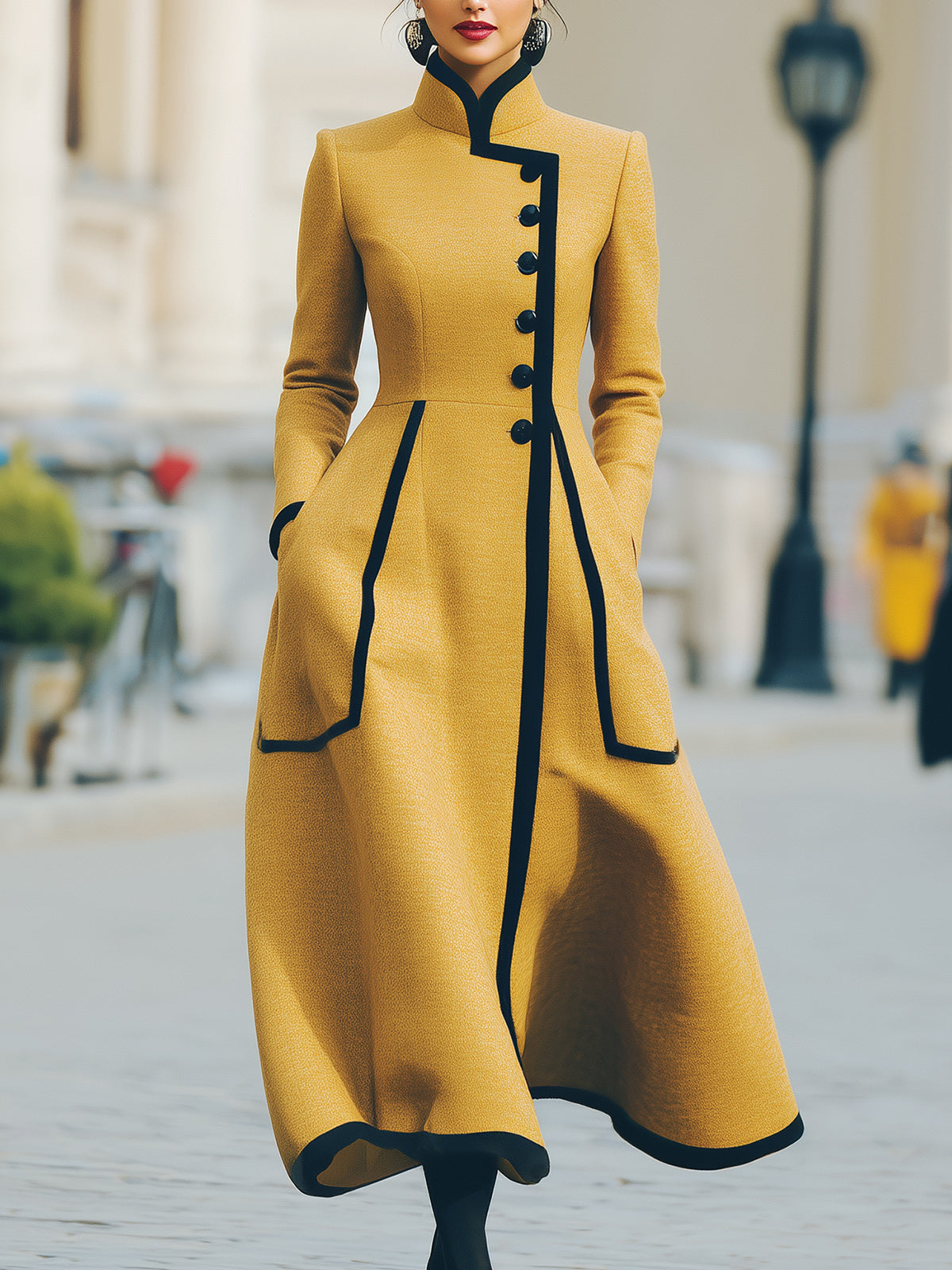 ElevenOra Vintage Elegant Wool Blend Stand-up Collar Slanted Single-breasted Contrast Trim Tailored Waist Long Coat